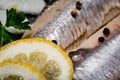 Salted Deboned Herring Fillets garnished with Yellow Onion, Lemon, Fresh Parsley and Peppercorns. Natural black stone . Royalty Free Stock Photo