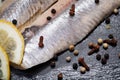 Salted Deboned Herring Fillets garnished with Yellow Onion, Lemon, Fresh Parsley and Peppercorns. Natural black stone . Royalty Free Stock Photo