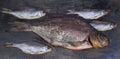 Salted and dried bream among several roach on black surface