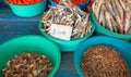 Salted dried and desiccated fish anchovies in food stall in Pettah market in Colombo Sri Lanka