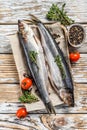 Salted Dutch herring on paper with spices. White background. Top view