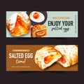 Salted egg Banner design with choux cream, pie, moon cake watercolor illustration