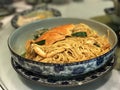 Salted egg with crab noodles Royalty Free Stock Photo