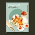 Salted egg Poster design with choux cream, chamomile, rolling pin watercolor illustration