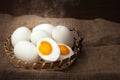 Salted eggs, boiled and ready to eat, put on basket, blurred background