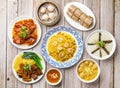 salted lean pork and preserved egg congee, rice noodle rolls filled with twisted cruller, shrimp fried rice, steam shrimp Royalty Free Stock Photo