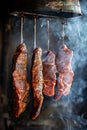 Salted meats hanging in a smokehouse, enveloped in a rich, aromatic smoke for preservation