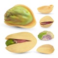 Salted pistachio nuts set. Realistic raw kernel isolated on white background. Royalty Free Stock Photo