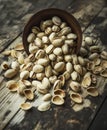 Salted pistachios are scattered from a wooden bowl on wooden rustic background,top view Royalty Free Stock Photo