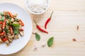 Salted pork with chili & Basil leaves and rice Royalty Free Stock Photo