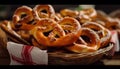 Salted pretzels in basket, a Bavarian tradition generated by AI