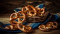 Salted pretzels stacked high, perfect Oktoberfest treat generated by AI