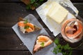 Salted salmon fillets with sea salt on rye bread. Fresh fish. Royalty Free Stock Photo
