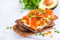 Salted salmon, red caviar, avocado toasts Royalty Free Stock Photo