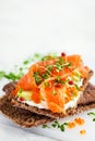 Salted salmon, red caviar, avocado toasts Royalty Free Stock Photo