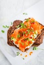 Salted salmon, red caviar, avocado toasts Royalty Free Stock Photo