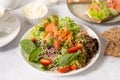 Salted salmon salad with fresh green lettuce, cucumbers, tomato, bell pepper and red onion Royalty Free Stock Photo