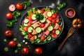 Salted salmon salad with fresh green lettuce, cucumbers, tomato, bell pepper and red onion Royalty Free Stock Photo