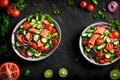 Salted salmon salad with fresh green lettuce, cucumbers, tomato, bell pepper and red onion Royalty Free Stock Photo