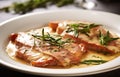 Saltimbocca alla Romana: Thin slices of veal sauteed with prosciutto and sage. Generative AI image.