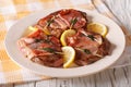 Saltimbocca veal with sage, ham and slices of lemon close-up. ho