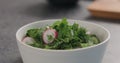 Salting fresh salad with radish, cucumber and herbs in white bowl Royalty Free Stock Photo