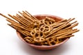 Saltsticks and salted pretzel in bowl Royalty Free Stock Photo