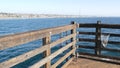 Saltwater angling on pier California USA. Sea ocean. Fishing catch, fresh alive fish in net basket. Royalty Free Stock Photo