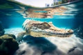 A saltwater crocodile underwater on the hunt