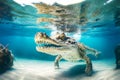 A saltwater crocodile underwater on the hunt