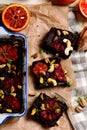 Salty blood orange brownies with nuts and thyme