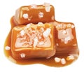 Salty caramel candies in milk caramel sauce with salt crystals isolated on white background Royalty Free Stock Photo