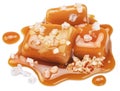 Salty caramel candies in milk caramel sauce with salt crystals isolated on white background Royalty Free Stock Photo