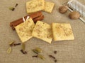 Salty crackers with coffee, cinnamon, cardamom, nutmeg, cloves and allspice Royalty Free Stock Photo