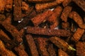 Salty croutons of brown bread with garlic and salt. Fried croutons closeup. Beer snack Royalty Free Stock Photo