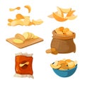 Salty fried potato chips snacks vector set