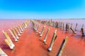 The salty lake with pink water and the beach from salt. Old logs pier on Lake Sasyk in the Crimea Royalty Free Stock Photo