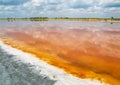 The salty shore of the lake of salt. The water looks red-orange due to a special algae. Royalty Free Stock Photo