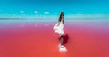 The salty shore in Ukraine, Europe. The water looks pink due to a special algae that grows in high levels of salt. Red