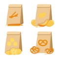 Salty snack in paper bags, pretzel, cracker, straws, chips.