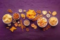 Salty snacks. Party food mix background. Potato and tortilla chips etc Royalty Free Stock Photo