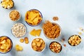 Salty snacks, party mix, overhead flat lay shot. An assortment of appetizers