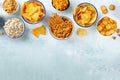 Salty snacks, party mix, overhead flat lay shot with copy space. An assortment Royalty Free Stock Photo