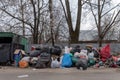 Saltykovka, Moscow Region, Russia - April 18 2019: Piles of garbage in plastic bin trash, waste bags. Landfill