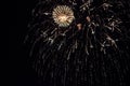 Salute, fireworks in the night sky. Pyrotechnic show on a holiday. Explosion of many firecrackers