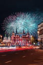 Salute on the Red Square. fireworks above the Historical Museum. Royalty Free Stock Photo