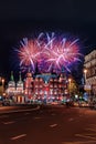 Salute on the Red Square. fireworks above the Historical Museum. Royalty Free Stock Photo