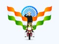 Saluting Army officer performing stunt on bullet with Indian wavy flag and Ashoka Wheel illustration for India National Festival