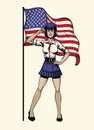 Saluting Sexy American Pinup Girl Soldier Standing in front of the USA flag Royalty Free Stock Photo