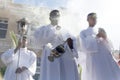Catholic seminarians are seen with a cross and incense during an open-air Mass on Palm Sunday Royalty Free Stock Photo